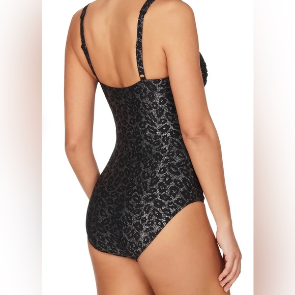 Niptuck Leopard Foil Joanne One Piece Swimsuit Metallic Gold Ruched Front Sz 8 - Picture 2 of 14